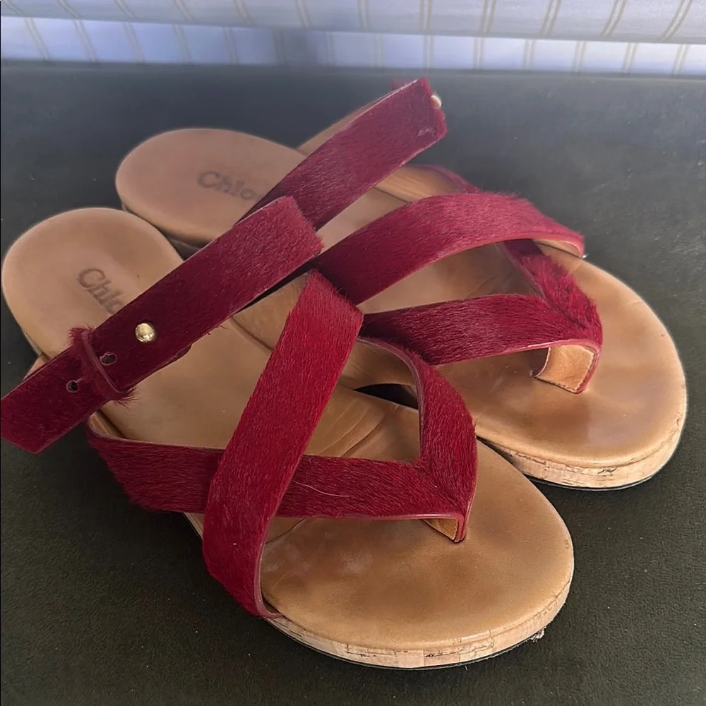 Chloe deep red pony hair sandals size 36